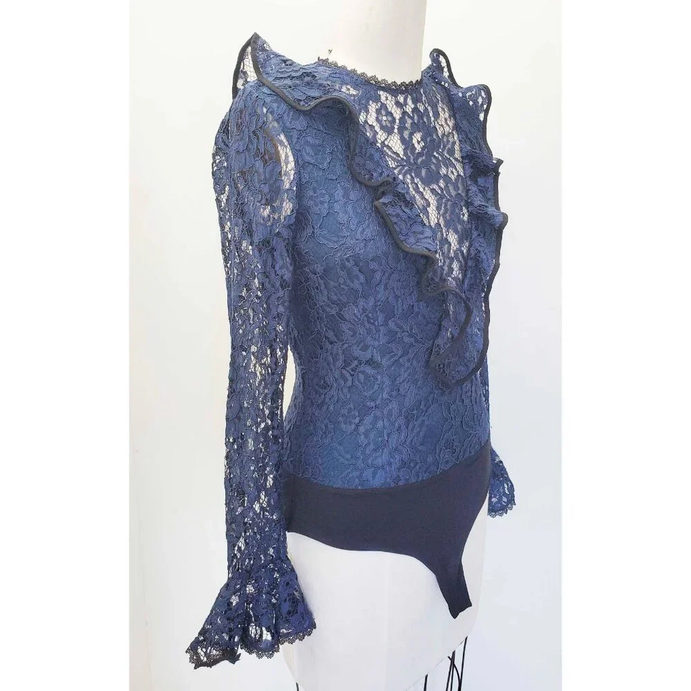 Alexis Womens Pollie Illusion Voulant Bodysuit Lace Top Blouse Navy - NWT M